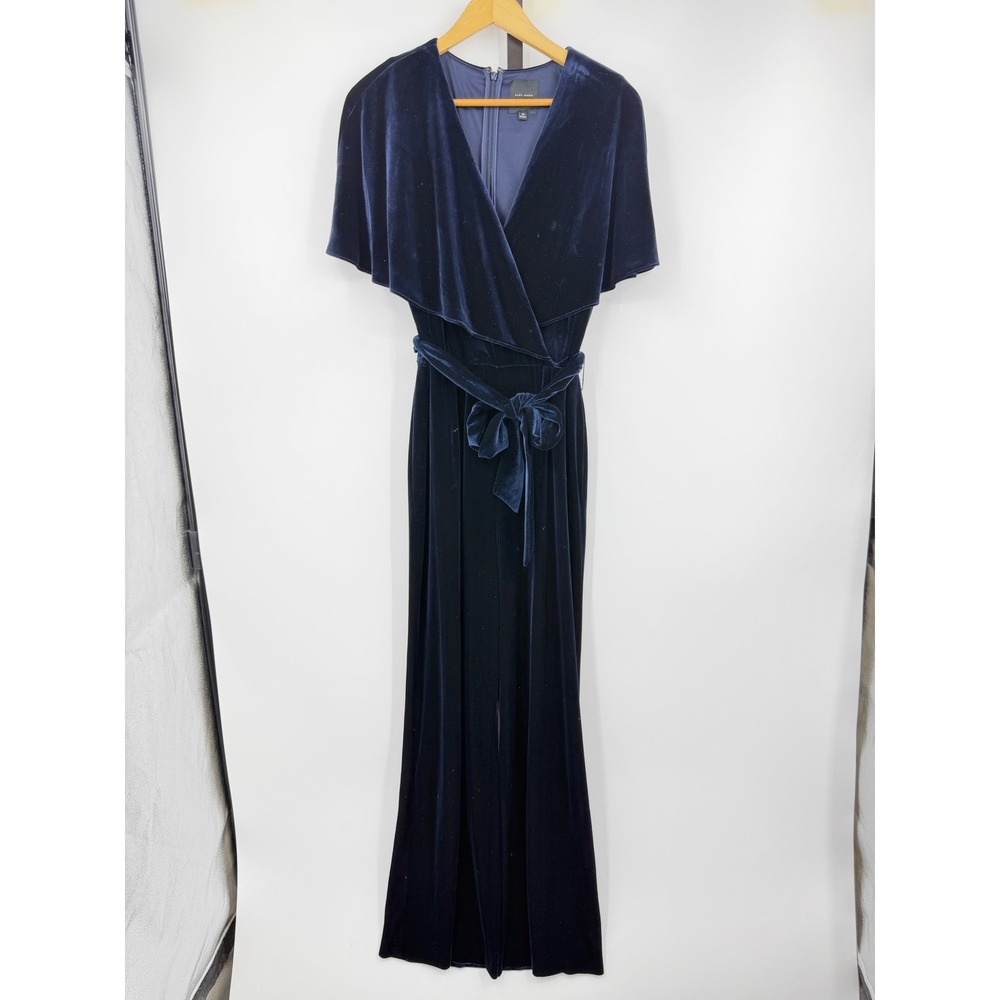 Alex Marie Velvet Jumpsuit Women 14 Navy Blue Cape Sleeve Wide Leg Belted Wrap